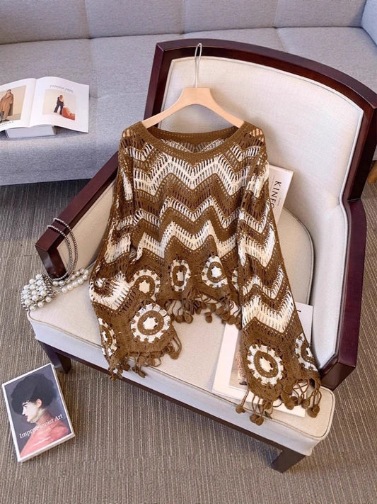 Boho Fringe Striped Knit Pullover Sweater | Hollow Acrylic Casual Top
