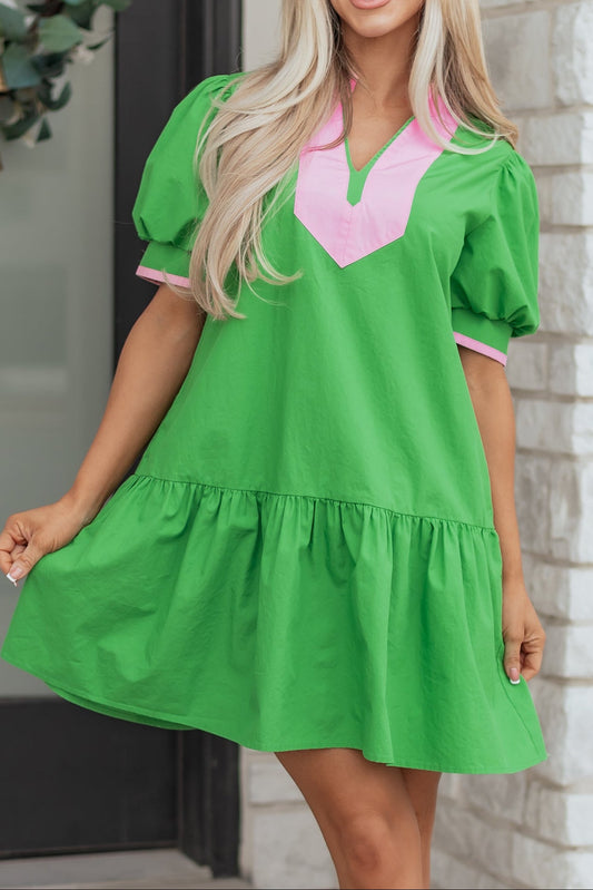 Bright Green Color Block Detail Split Neck Short Puff Sleeve Ruffle Hem Mini Dress