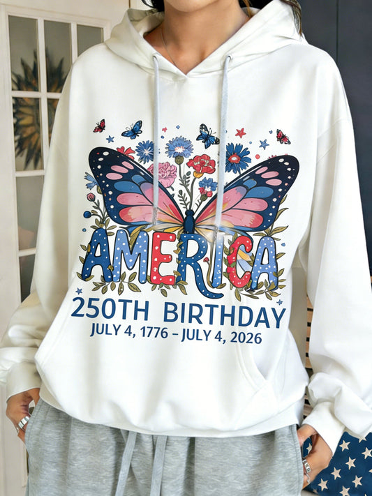 3D Printing America Flag Round Neck Floral 250th Anniversary Casual Hoodie