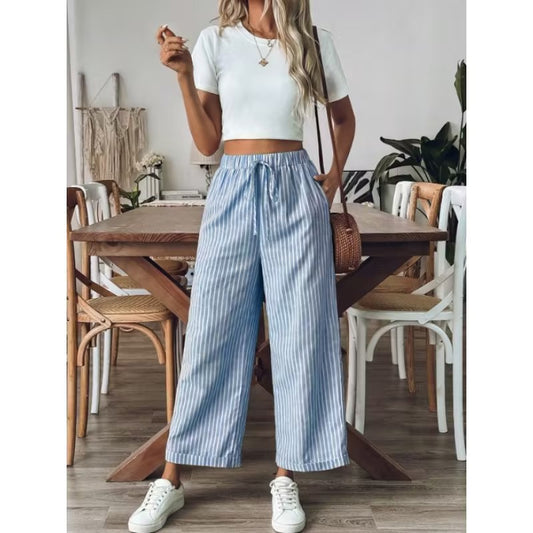 Striped Wide Leg Cropped Pants | Casual Elastic Waist Trousers