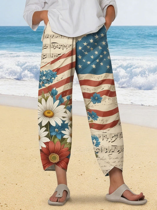 3D Printing Floral Vintage America Flag High Waist Casual Ankle Pants