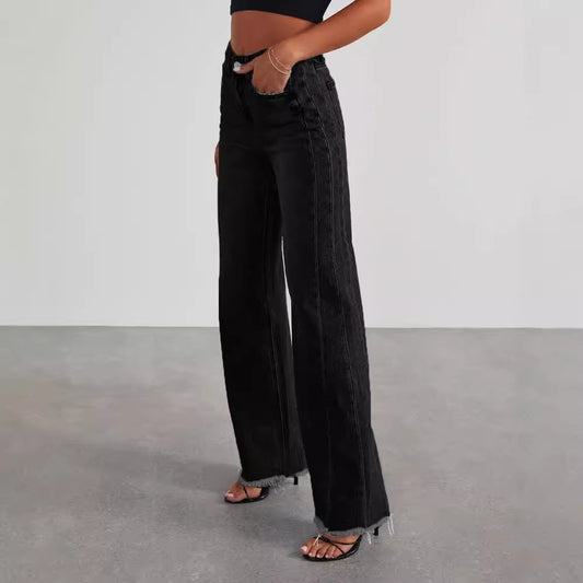 Washed Cotton Wide-Leg Floor-Length Jeans | Loose Fit Casual Denim Pants