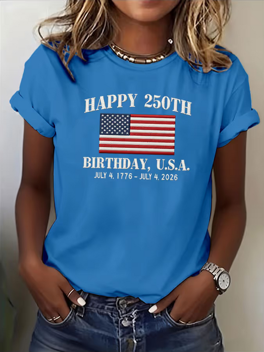 Women's Short Sleeve T-shirt Summer Blue Independence Day (Flag) Printing Jersey Crew Neck Daily Going Out Casual Top