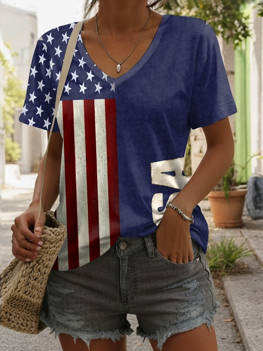 Women's American Flag Printed Casual Cotton V-Neck T-Shirt