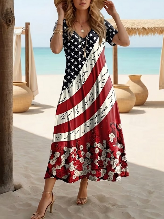 Women's Short Sleeve Summer As Picture Independence Day (Flag) Printing V Neck Daily Going Out Casual Maxi X-Line Dress