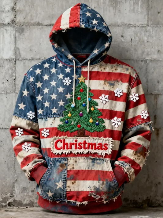 Men's Retro Christmas Distressed American Flag 3D Print Ugly Hoodie