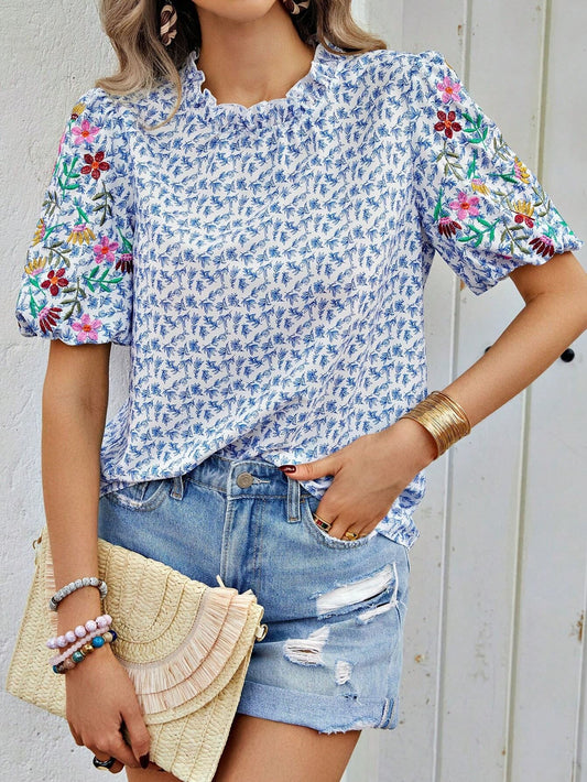 Embroidered Colorblock Mock Neck Blouse | Elegant Casual Top