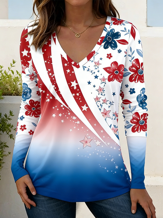 Cotton-Blend Elegant V Neck Independence Day T-Shirt