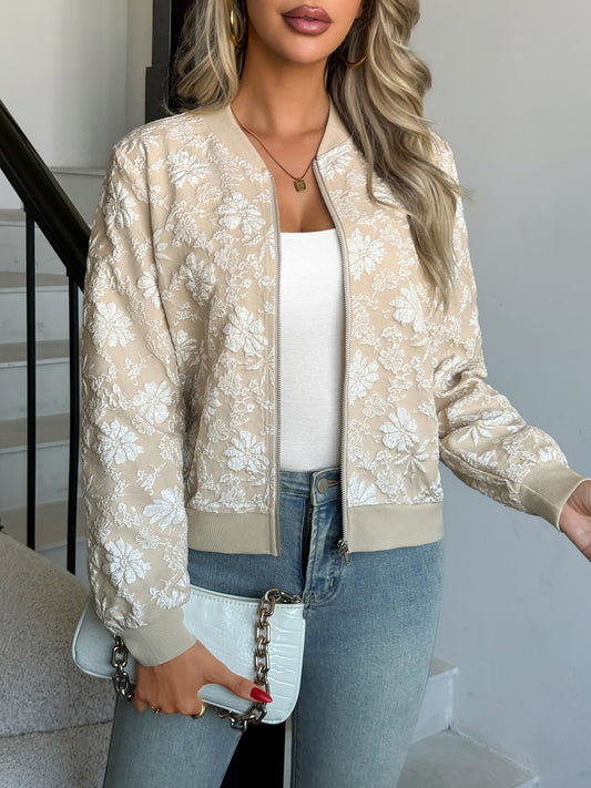 Jacquard Zip-Up Round Neck Loose Jacket | Elegant Casual Commuter Outerwear
