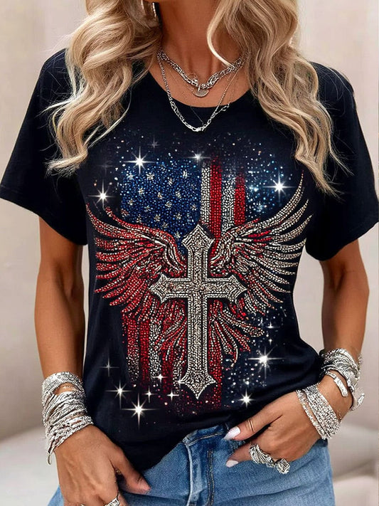 3D Printing Crew Neck Short Sleeve Casual America Flag T-Shirt