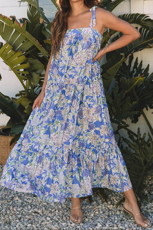 Sky Blue Floral Print Self-tie Straps Flowy Ruffle Long Dress