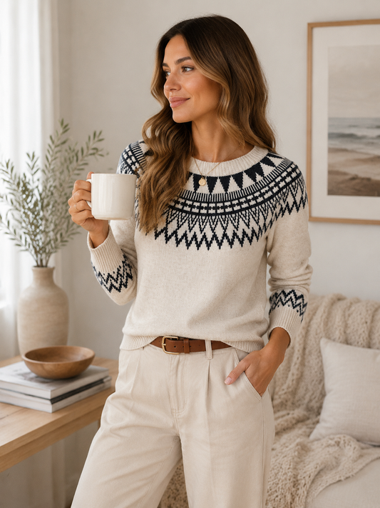 Ethnic-Inspired Round Neck Pullover Knit Sweater | Casual Viscose Boutique Top