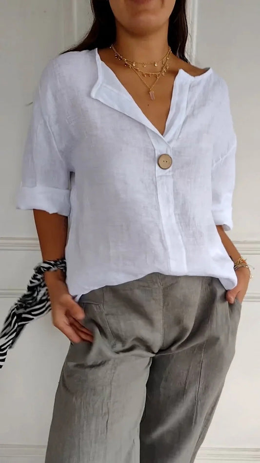 Linen Blend Button Detail Pullover Top | Casual Relaxed Fit Blouse