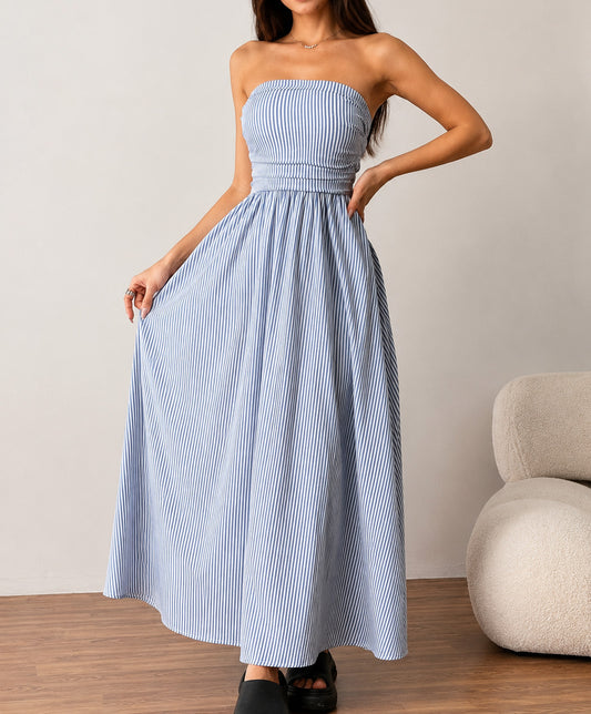 Coastal Stripe Strapless Smocked Maxi Dress