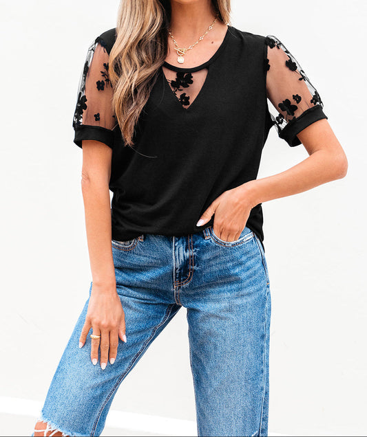 Black Flora Lace Patchwork Crew Neck T Shirt