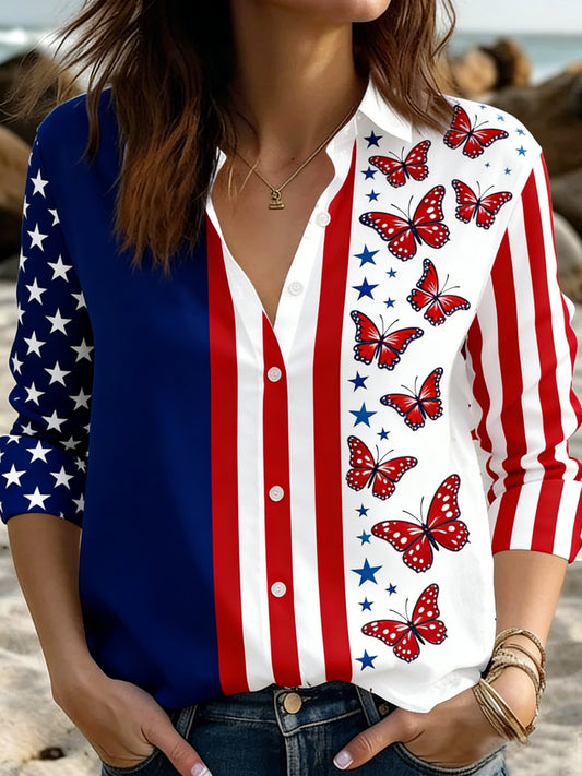 3D Printing America Flag Butterfly Shirt Collar Casual Shirt