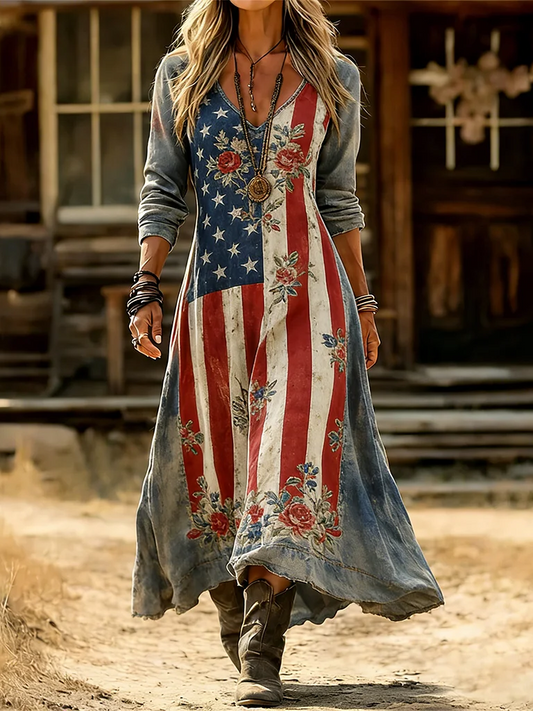 Women's Long Sleeve Spring/Fall As Picture America Flag Printing V Neck Daily Going Out Vintage Maxi H-Line Dress