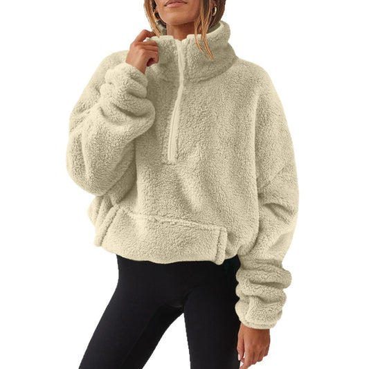 Plush Fleece-Lined Half-Zip Stand Collar Sweatshirt | Cozy Patchwork Boutique Top
