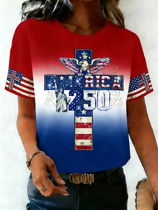 Women's Short Sleeve T-shirt Summer As Picture Independence Day (Flag) Printing Jersey Crew Neck Daily Going Out Casual Top