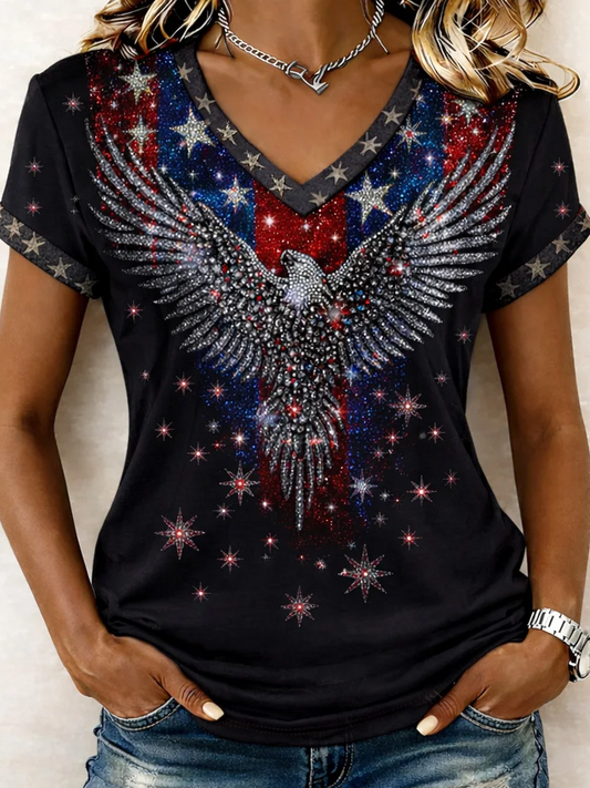 Women's Short Sleeve T-shirt Summer Black America Flag Printing V Neck Holiday Going Out Casual Top