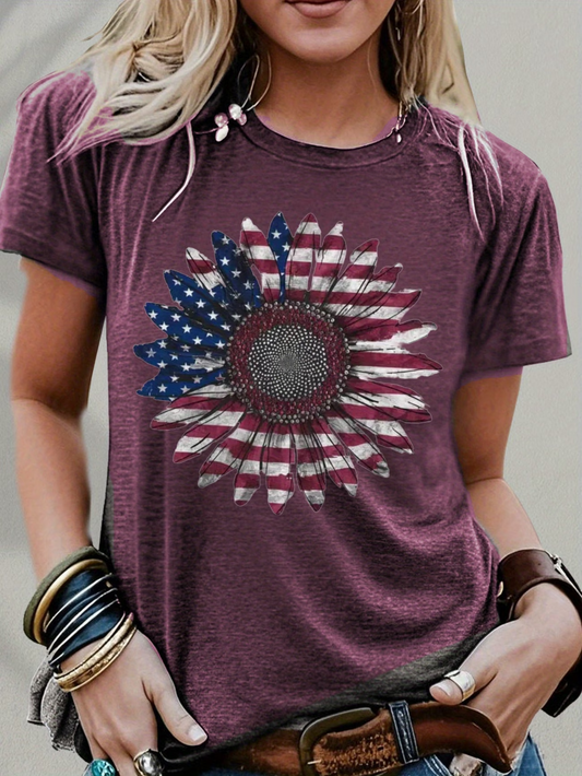 Women's Short Sleeve T-shirt Summer Purple America Flag Printing Jersey Crew Neck Daily Going Out Casual Top