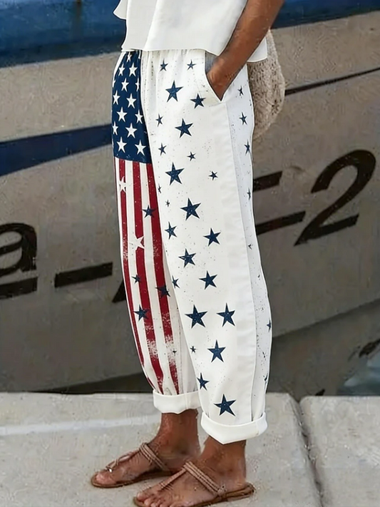 Women's  H-Line Baggy Pants Daily Going Out Pants White Casual Printing Independence Day (Flag) Spring/Fall Pants