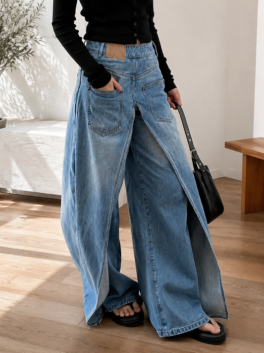 Reversible Wide-Leg Denim Pants | Patchwork Straight-Leg Punk Jeans