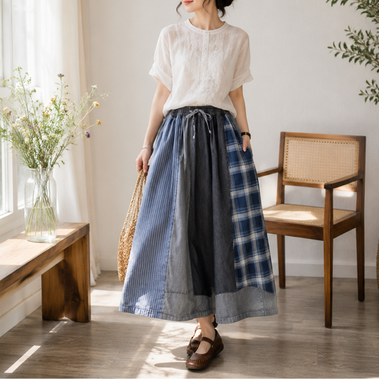 Patchwork Wide-Leg Denim Pants | Elastic Waist Drawstring Vintage Trousers