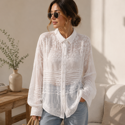 French Embroidered Lace Long Sleeve Blouse | Loose Cotton Chic Top