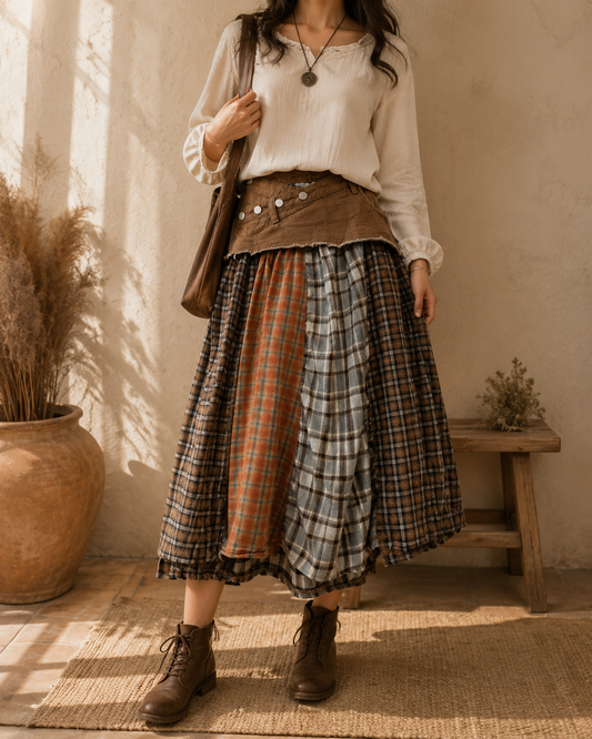 Patchwork Plaid Denim A-Line Midi Skirt | European Casual Boutique Skirt