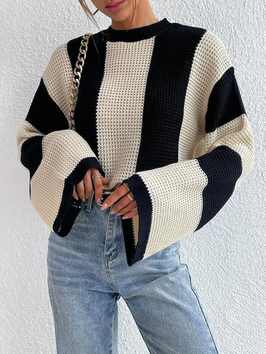 Striped Knit Sweater Women Crew Neck Pullover