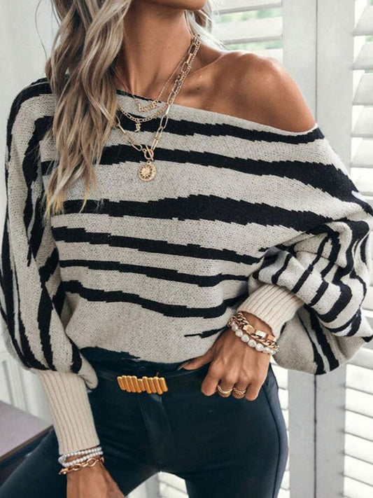 Loose Knit Zebra Pattern Off Shoulder Batwing Sweater