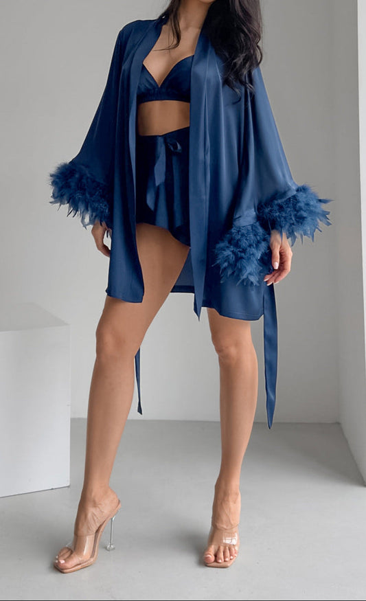 Faux Silk Feather Pajama Set Women Robe Lingerie 3 Piece