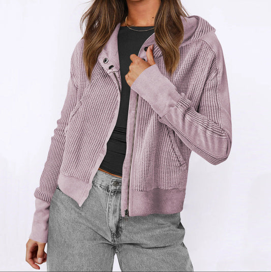 Zip Up Hooded Patchwork Knit Jacket