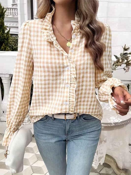 Ruffle Collar Plaid Long Sleeve Shirt