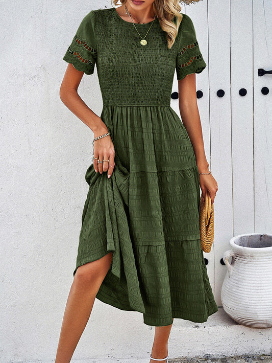 Ruched Solid Short Sleeve A Line Maxi Dress