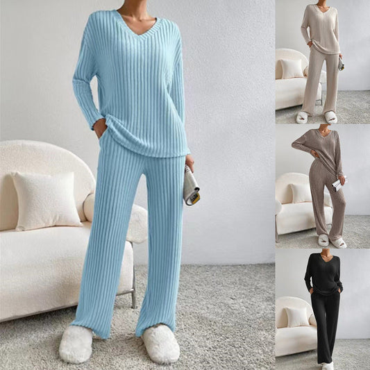 Long Sleeve V Neck Ribbed Knit Top and Straight Pants Set