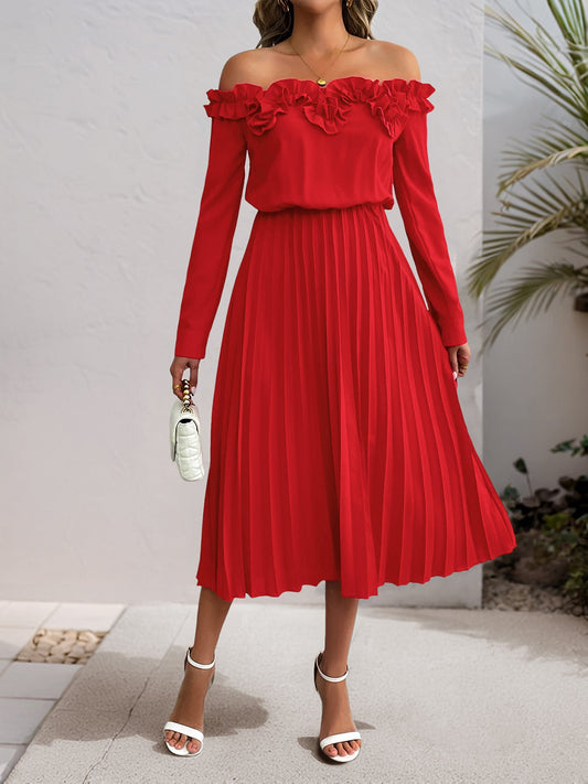 Off Shoulder Long Sleeve Solid Color Dress