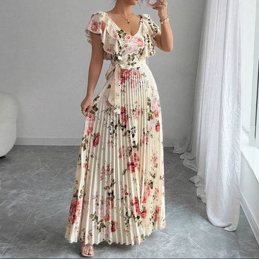 Women V Neck Floral Print Ruffle Waist A Line Dress
