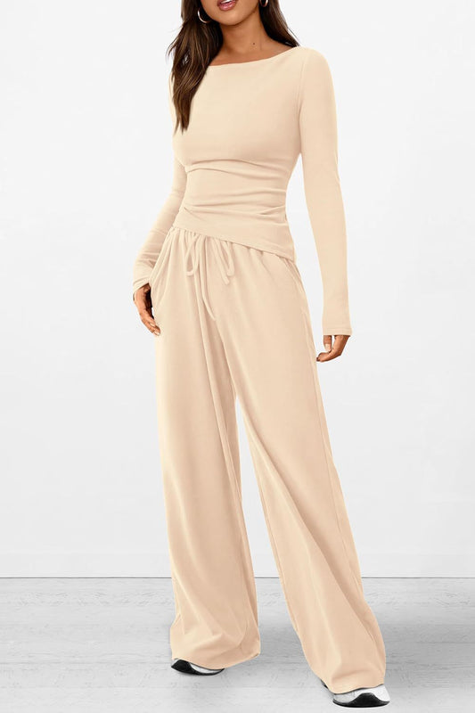 Asymmetric Long Sleeve Top and Wide Leg Pants Set