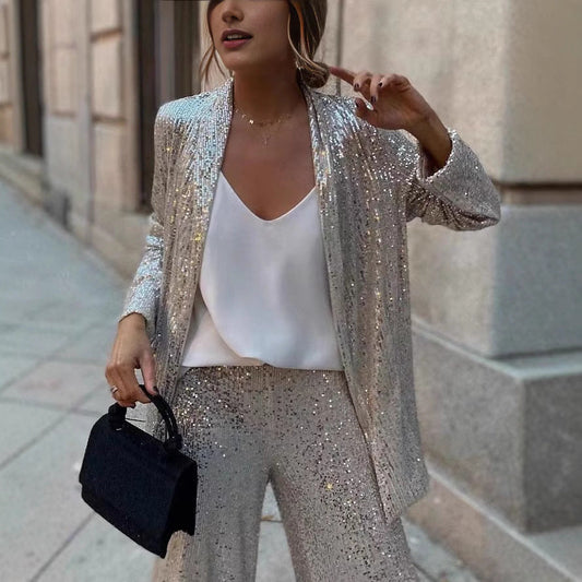 Sequin Statement Jacket and Straight-Leg Pants Set