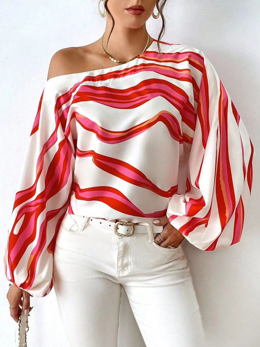 Off Shoulder Printed Loose Fit Shirt T-Shirt for Women