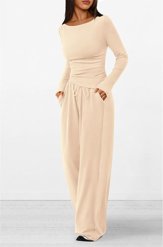 Asymmetric Long Sleeve Top and Wide Leg Pants Set