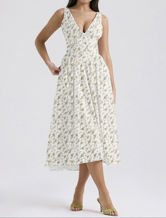 Printed V Neck Spaghetti Strap Maxi Dress