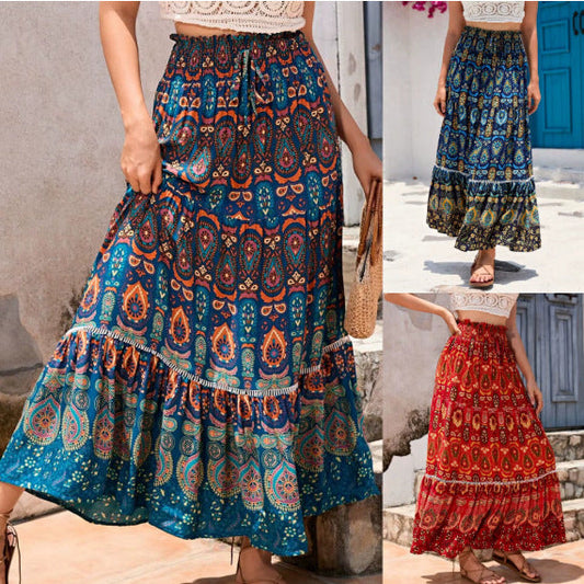Bohemian Printed Maxi Skirt with Lace Trim