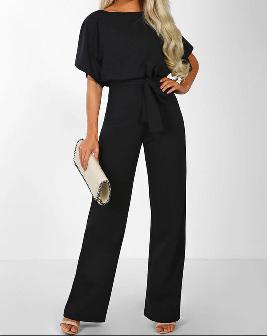 Button Tie Short Sleeve Straight Leg Jumpsuit