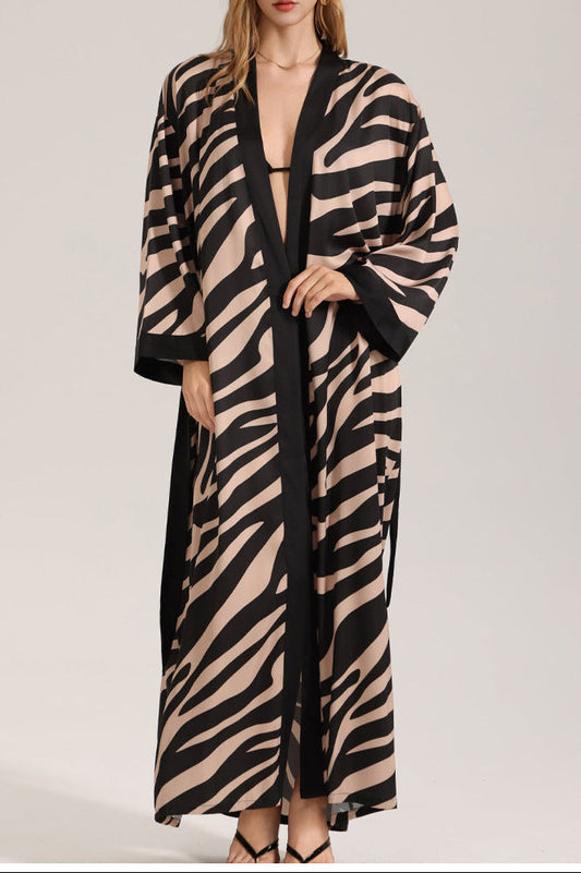 Women Zebra Print Long Sleeve Single Sleep Robe