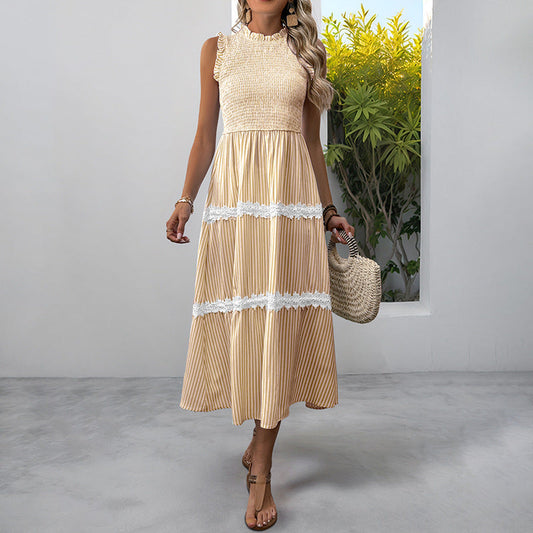 Sleeveless Striped Lace Ruffle Dress