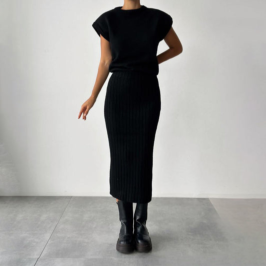 Women Sleeveless Knit Sweater Top and Long Skirt Set