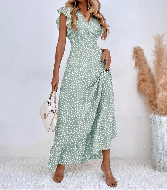V-Neck Ruffle Waist Maxi Dress